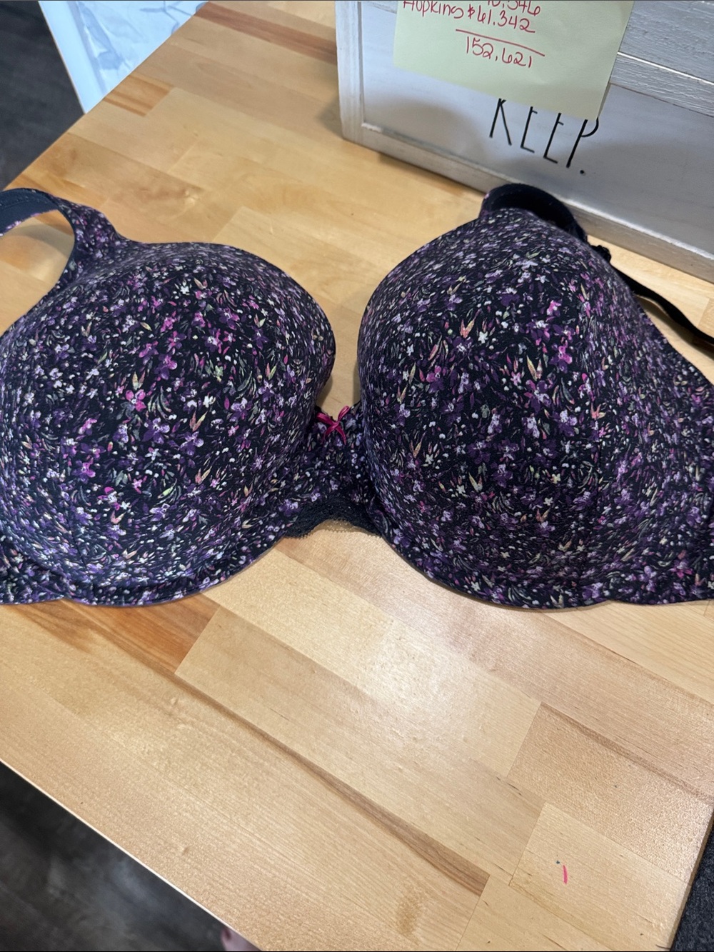 Cacique Black Bra with Purple Floral Print